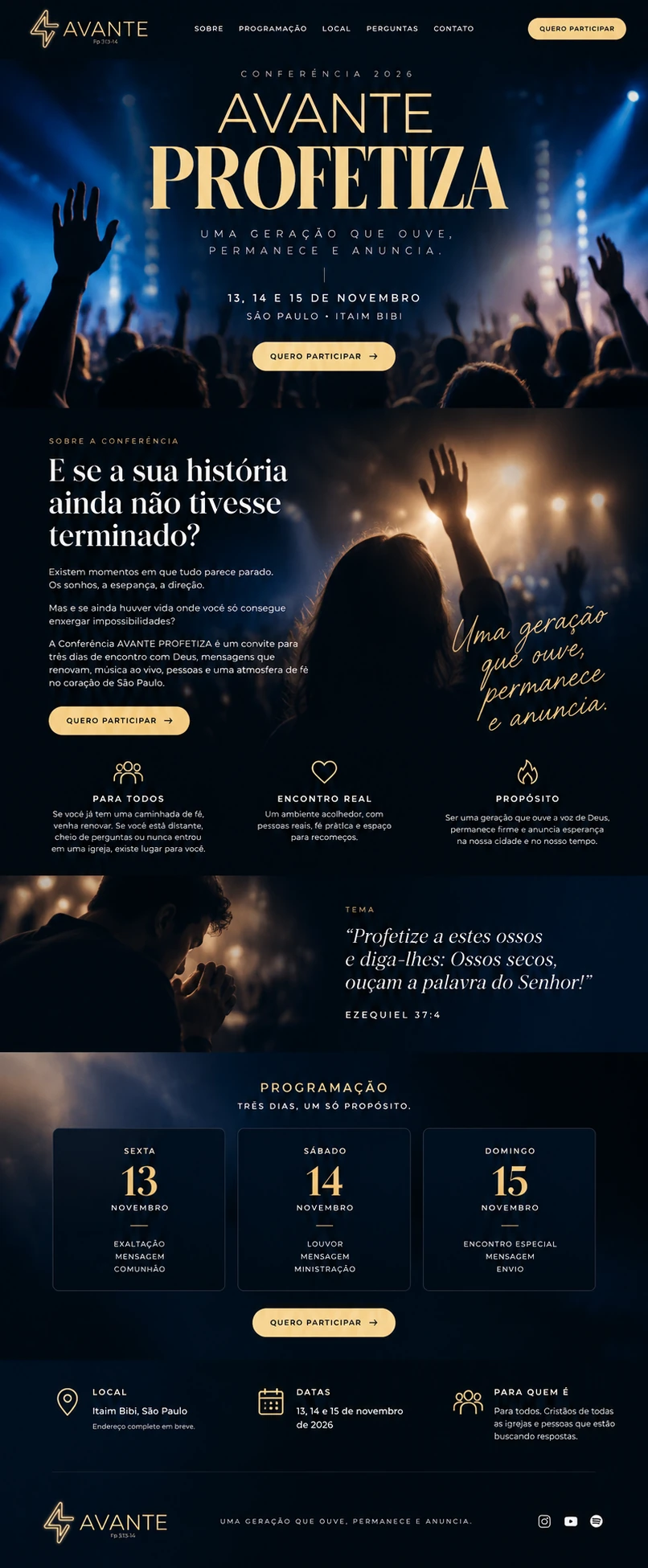Site visual da Conferência AVANTE PROFETIZA 2026. Uma geração que ouve, permanece e anuncia. Três dias de fé e esperança em São Paulo.